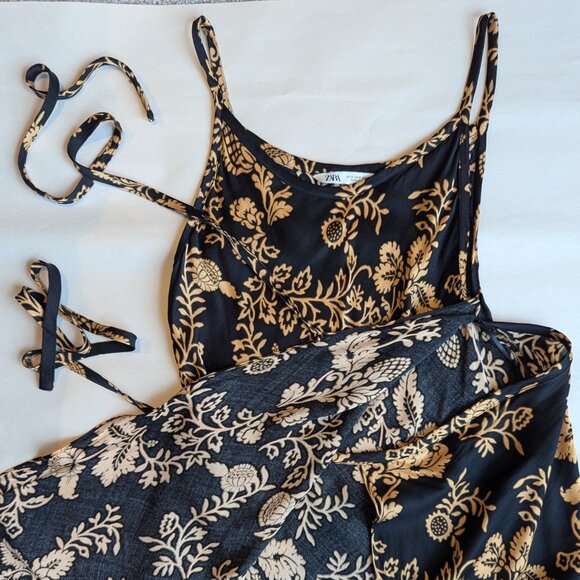 ZARA Black and Gold Floral Wrap Maxi Dress | S - Picture 4 of 5